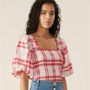 Ganni Seersucker Check Smock Top in Red
